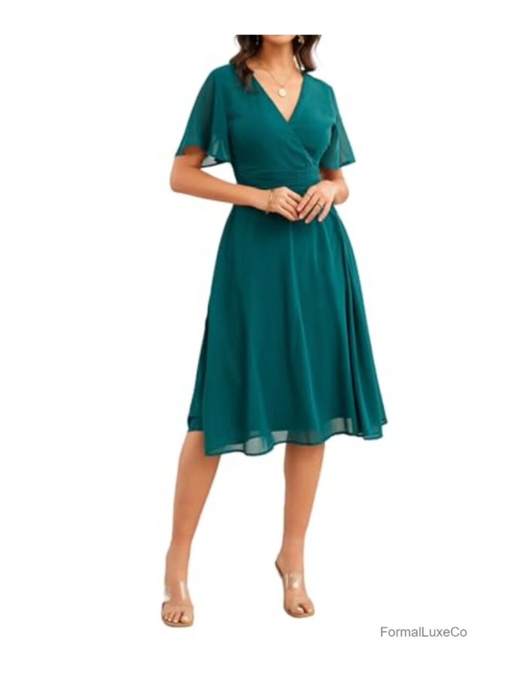 Womens Summer Elegant Chiffon Wrap V Neck Aline Midi Dress Flutter Sleeve